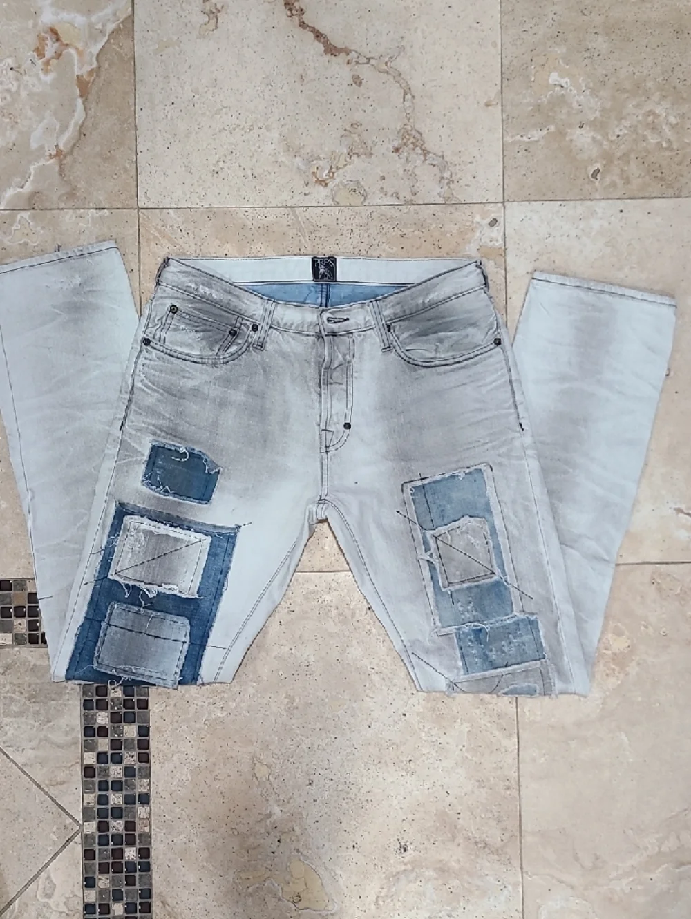 PRPS Men’s Light Wash Jeans with Blue Patchwork